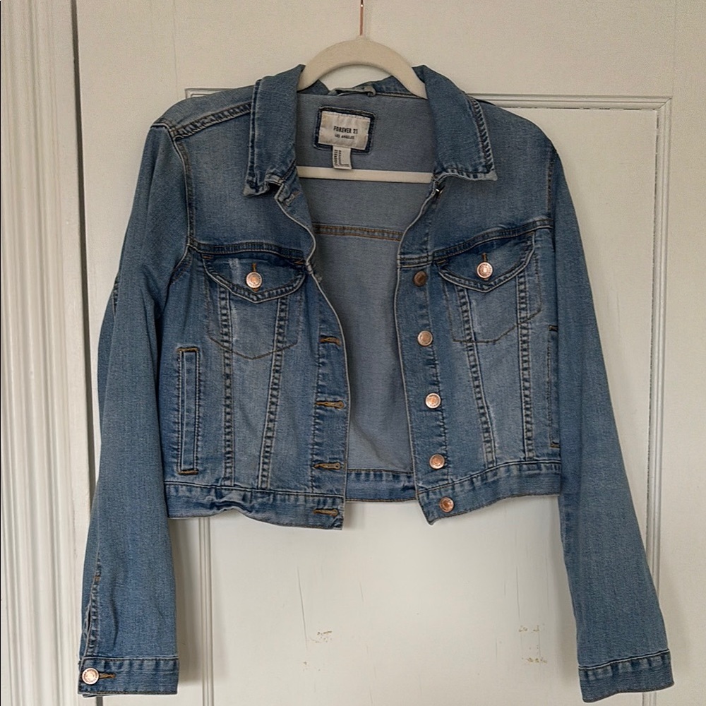 Forever 21 Blue Jean Jacket Cropped Modern Design